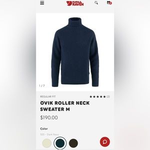 Fjallraven Ovik Roller Neck Dark Navy Mens Large NWT Retail $190